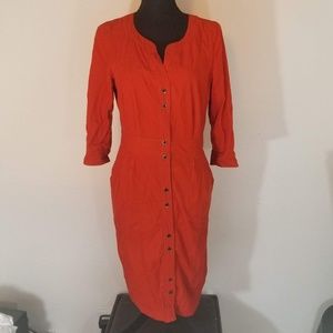 MAEVE Orange Corduroy Dress 3/4 Sleeve Button